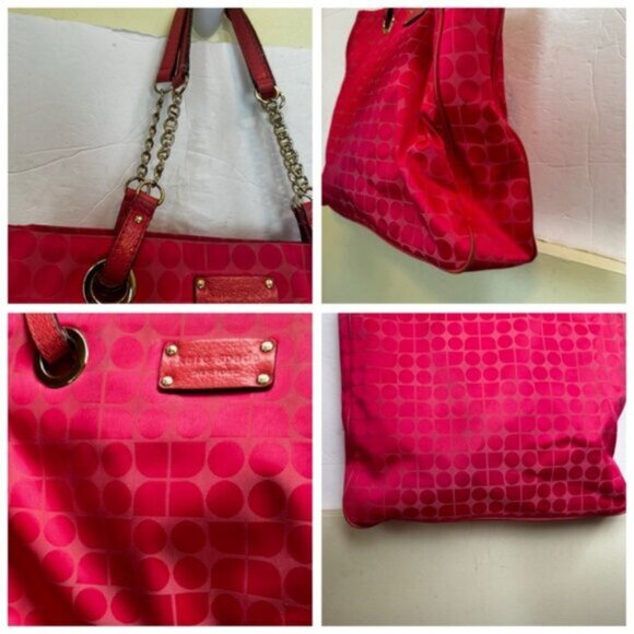 Kate Spade Pink Jacquard Pink Canvas Chain Strap Tote Shoulder Bag Leather Print - Picture 13 of 16